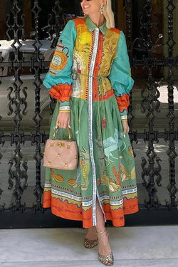 Puts A Smile Unique Print Lapel Lantern Sleeve Waist Tie Midi Dress