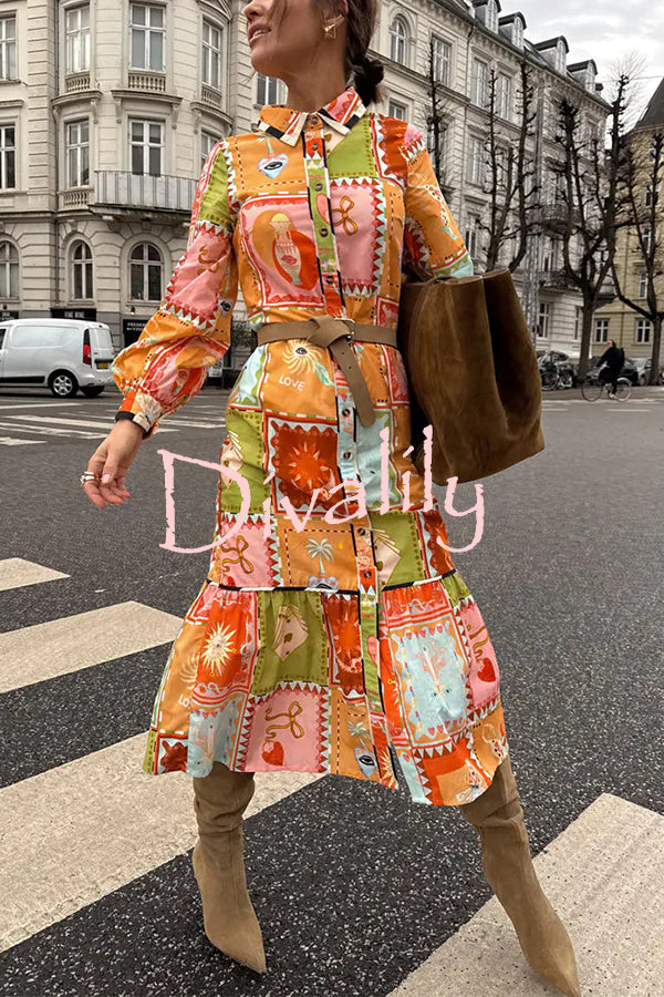 Linen Blend Unique Printed Long Sleeve Lapel Tie-waist Midi Dress