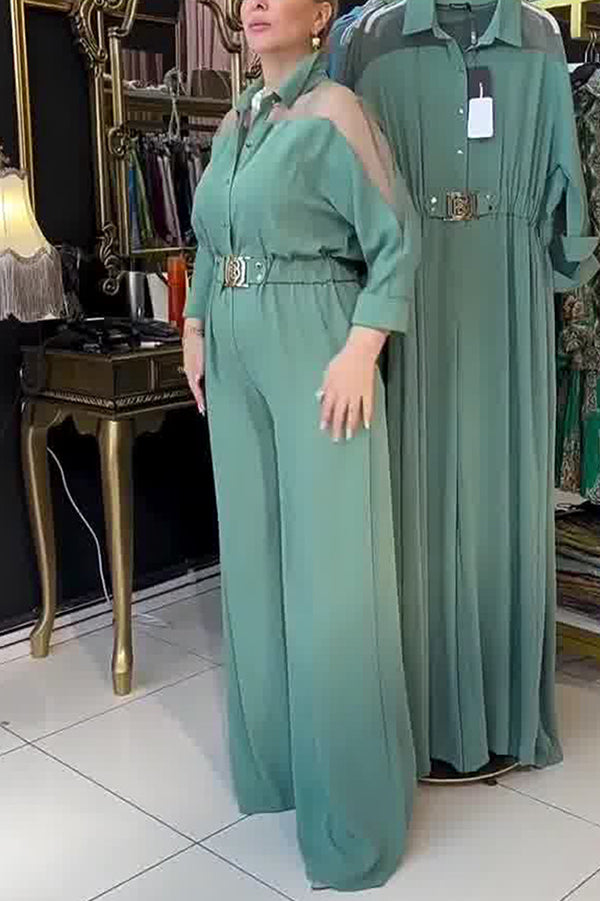 Fashion Mesh Splicing Lapel Long Sleeve Waist Pocket Wide Leg Jumpsuit