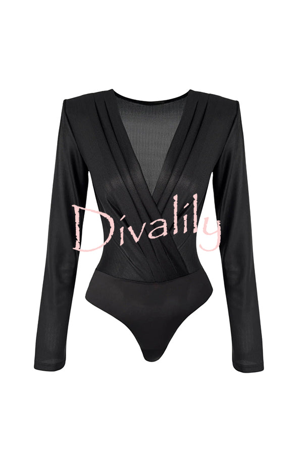 Chic Celebration Glossy Fabric Pleated V-neck Long Sleeve Stretch Bodysuit