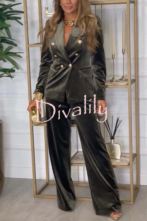 Guest of Honor Velvet Metal Button Lapel Blazer and Elastic Waist Pocketed Loose Pants Set