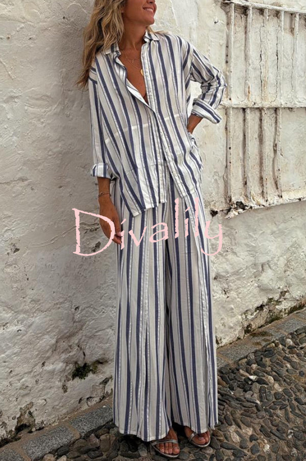 Gian Striped Print Loose Shirt and Back Elastic Waist Slit Pants Set