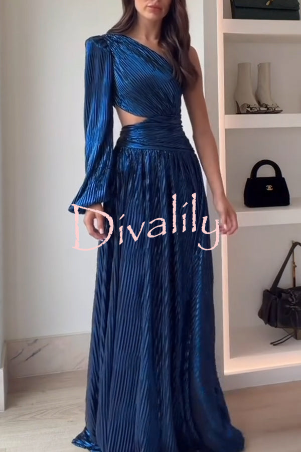 Dazzling Night Metallic Pleated One Shoulder Cutout Balloon Sleeve Gown Maxi Dress
