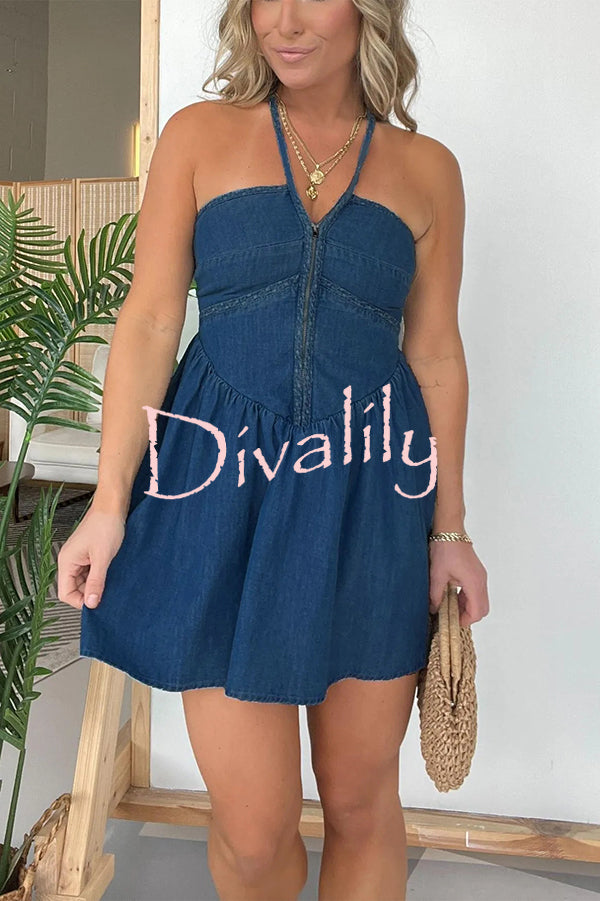 Sexy Halter Neck Backless Front Zip Denim Mini Dress