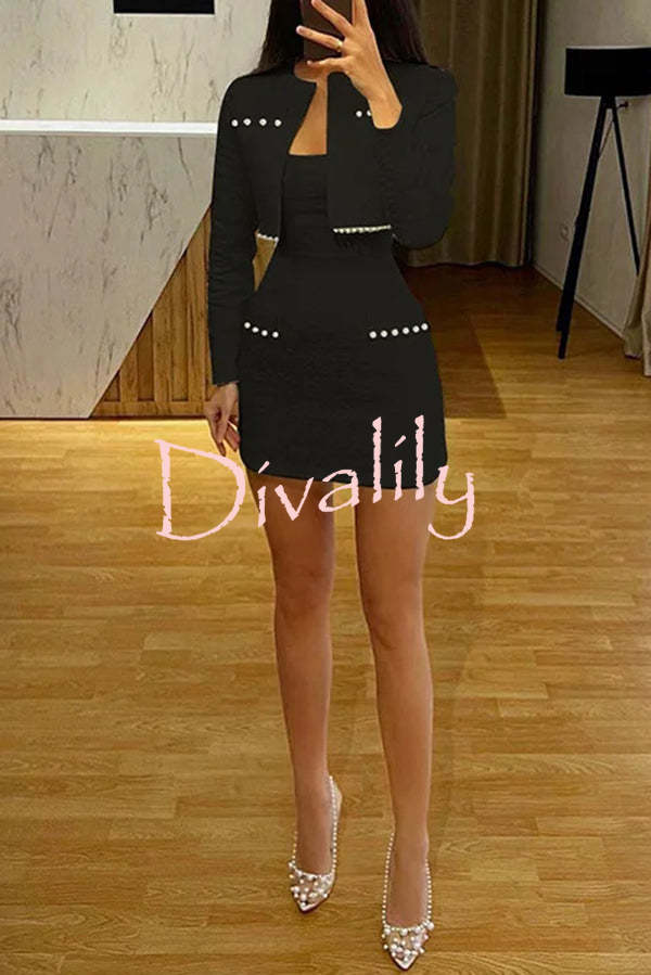 Stylish Sleeveless Tweed Sexy Slim Fit Pearl Embellished Mini Dress