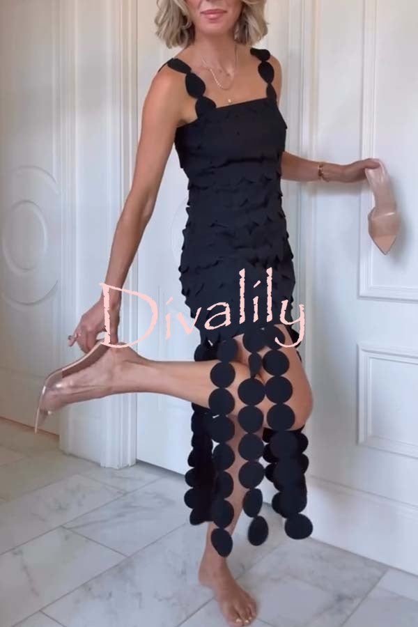 Best Dance Laser Cut Circle Embroidery Square Neck Tassle Trim Midi Dress