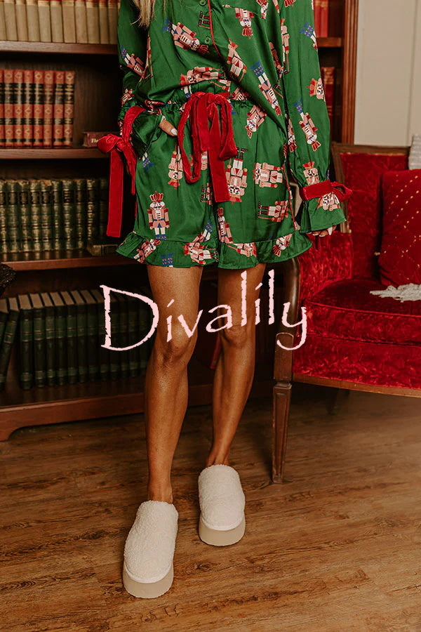 Christmas Dreaming Satin Nutcrackers Print Velvet Trim Elastic Waist Pocketed Pajama Shorts Set