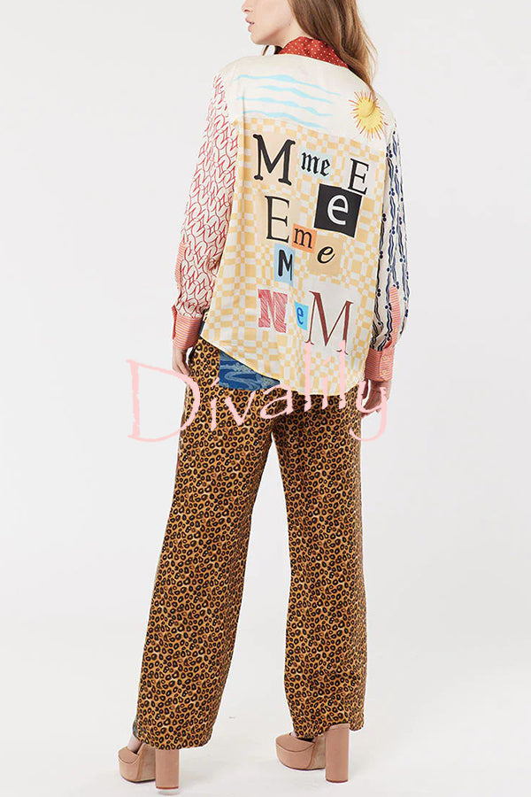 Tropical Jungle Tiger Unique Print Long Sleeve Loose Shirt and Elastic Waist Pants Set