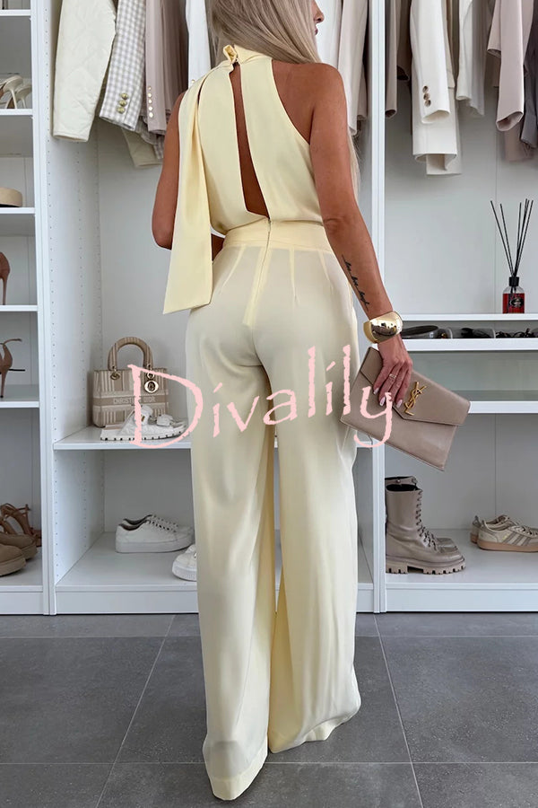 Deep Impression Solid Color Ribbon Neck Pocketed Wide Leg Jumpsuit