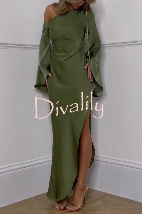 Zayla Satin Asymmetrical One Shoulder Bell Sleeve Slit Maxi Dress