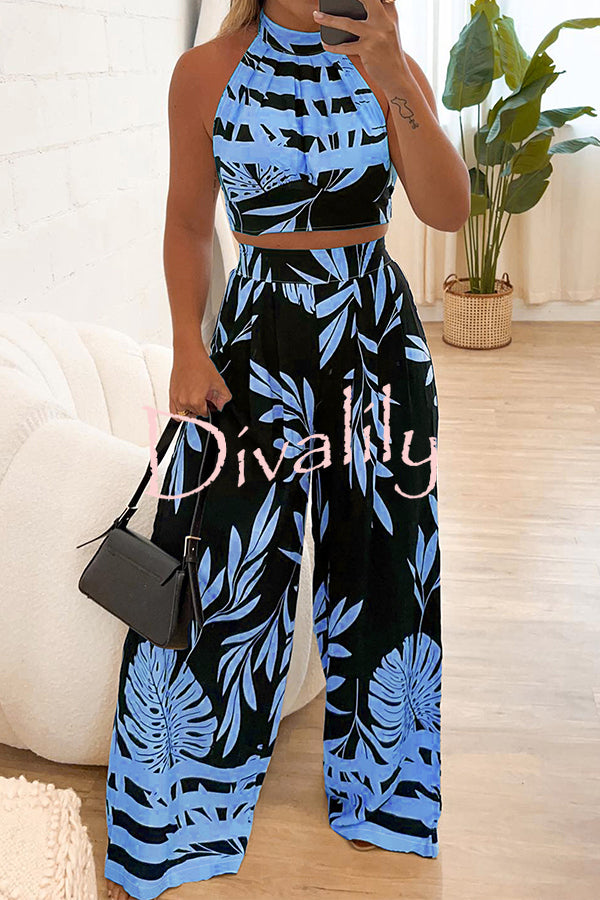 Botanical Print Halterneck Crop Top and Casual High-waist Wide-leg Pants Set