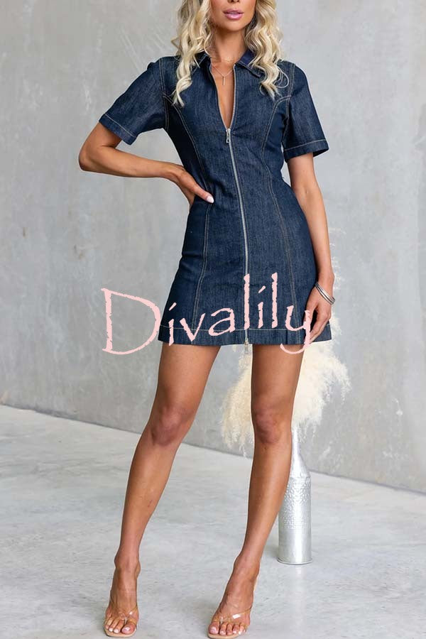 Street Chic Denim Shirt Neck Front Zip-up Stretch Mini Dress