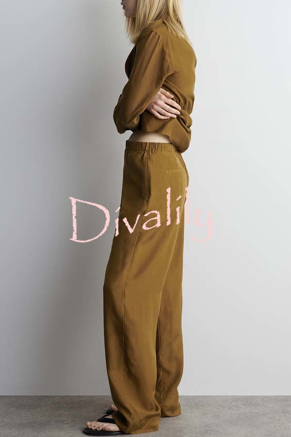 Bella Satin Drape Collar Single Button Casual Blazer and Elastic Waist Pocket Loose Pants Set