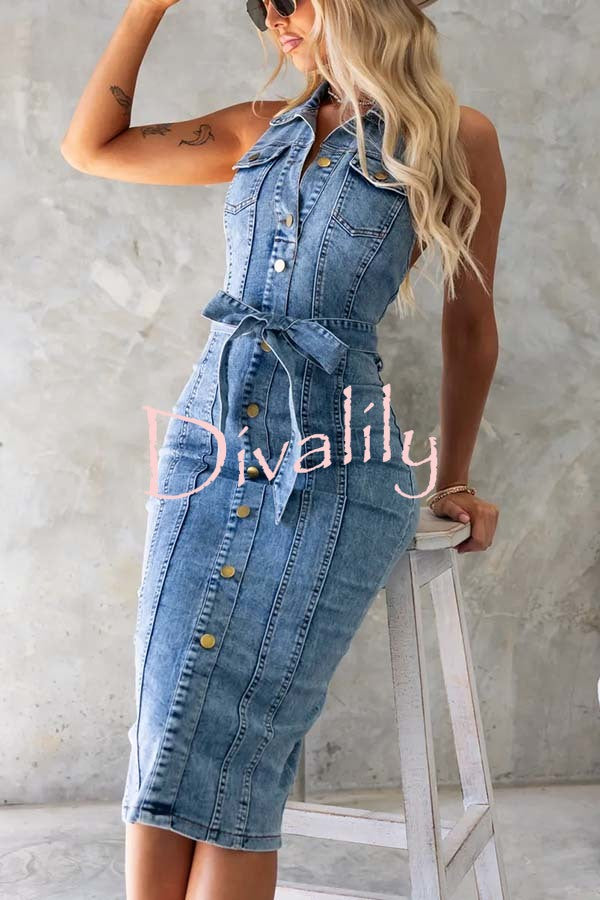 Kalyn Denim Button Up Belted Pocket Halter Stretch Midi Dress