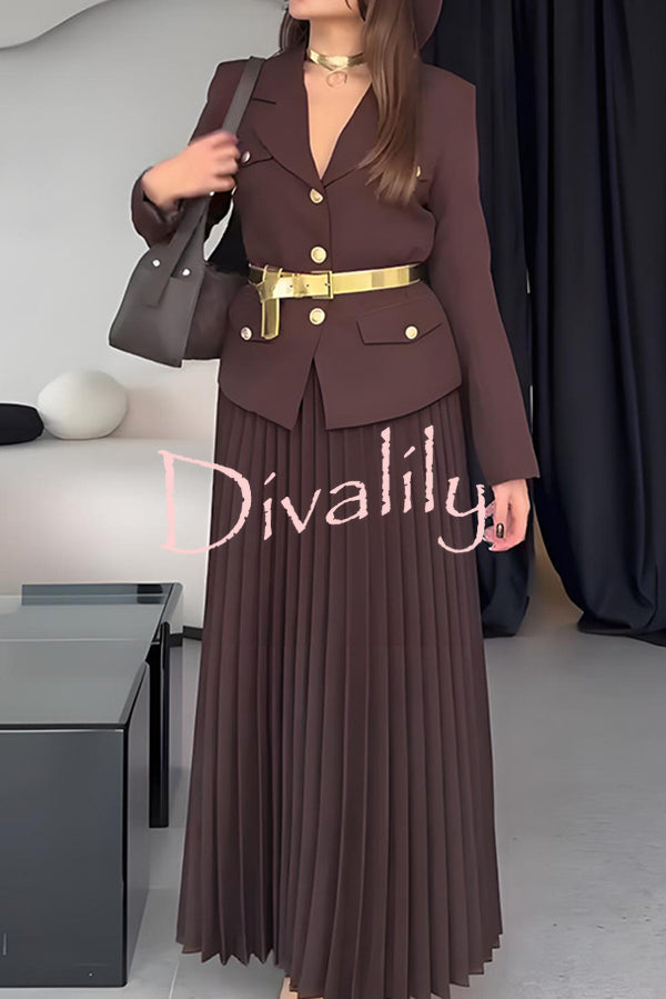Solid Color Lapel Button Belt Blazer and Pleated Casual Maxi Skirt Set