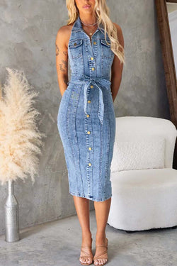 Kalyn Denim Button Up Belted Pocket Halter Stretch Midi Dress