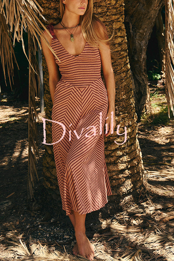 Striped Print V-Neck Lace-Up Backless Holiday Midi Dress