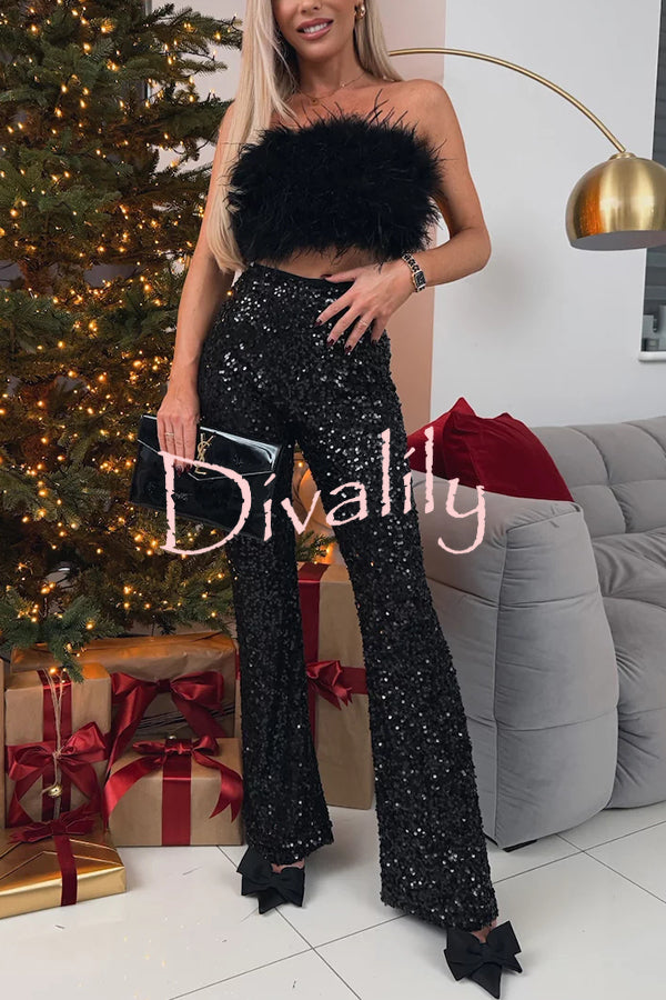 Chic Party Season Sequin High Rise Elastic Waist Flared Stretch Pants