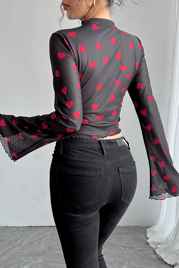 Unique Printed Mesh Trumpet Sleeve Slim Fit Top
