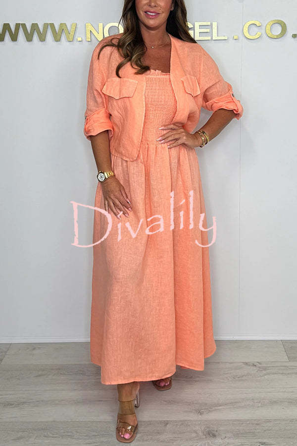 Solid Color Casual Short Jacket and Suspender Pleated Maxi Dress Set