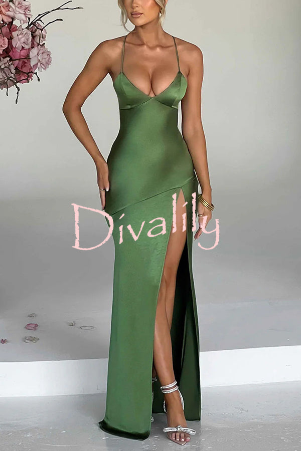 Satin Solid Color Sexy Backless Lace Up High Slit Maxi Dress