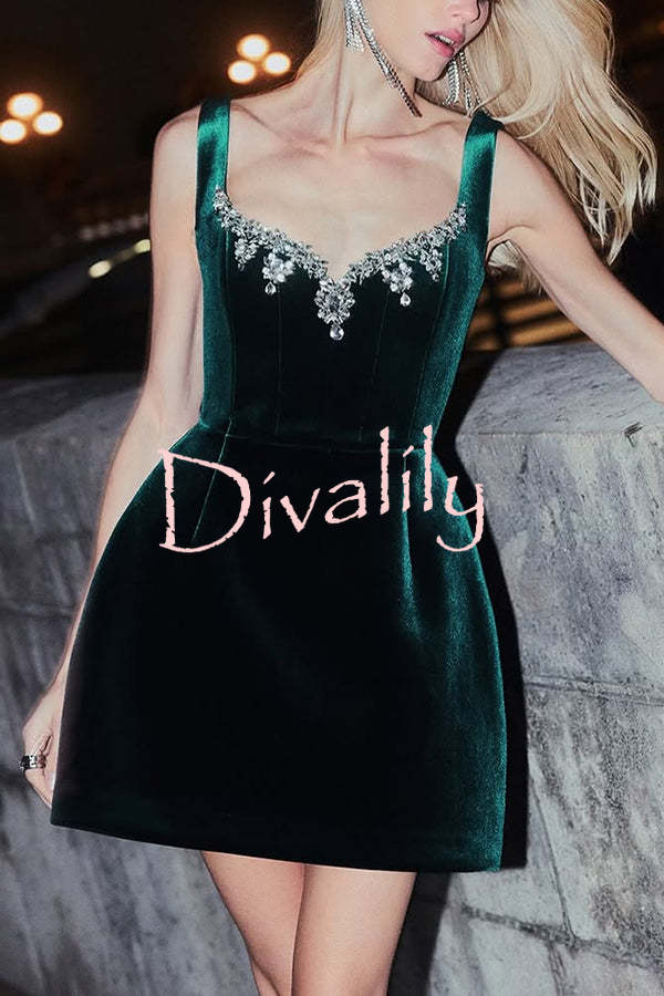 Blair Luxurious Velvet Jewel-encrusted Sweetheart Neck Pocket Tulip Stretch Mini Dress