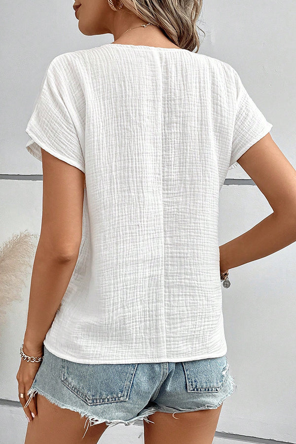 Solid Color Lapel Short Sleeve Casual Button Top