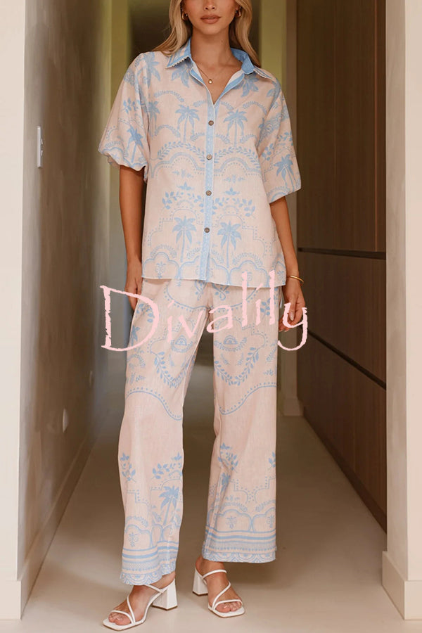 Linen Blend Lapel Puff Sleeve Loose Shirt and Casual Pocket Straight Pants Set