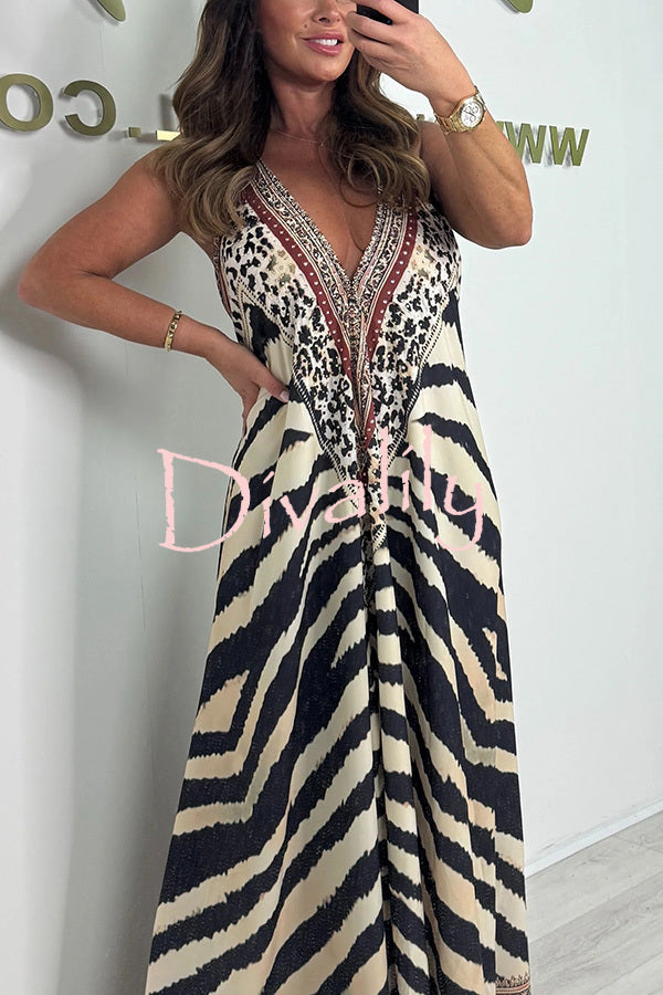 Zebra Print V-neck Open Back Loose Maxi Dress