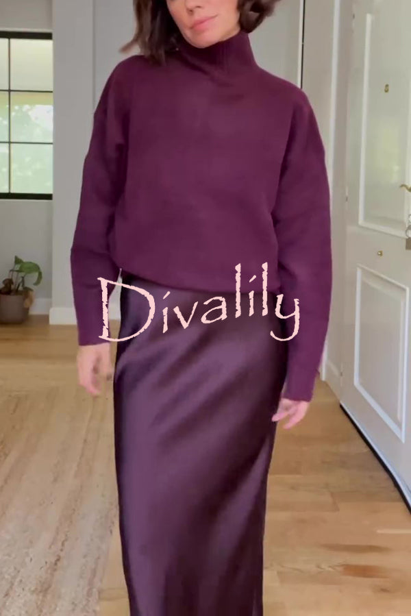 Jaelyn Solid Color Turtleneck Long Sleeve Sweater and Satin Elastic Waist Maxi Skirt Set