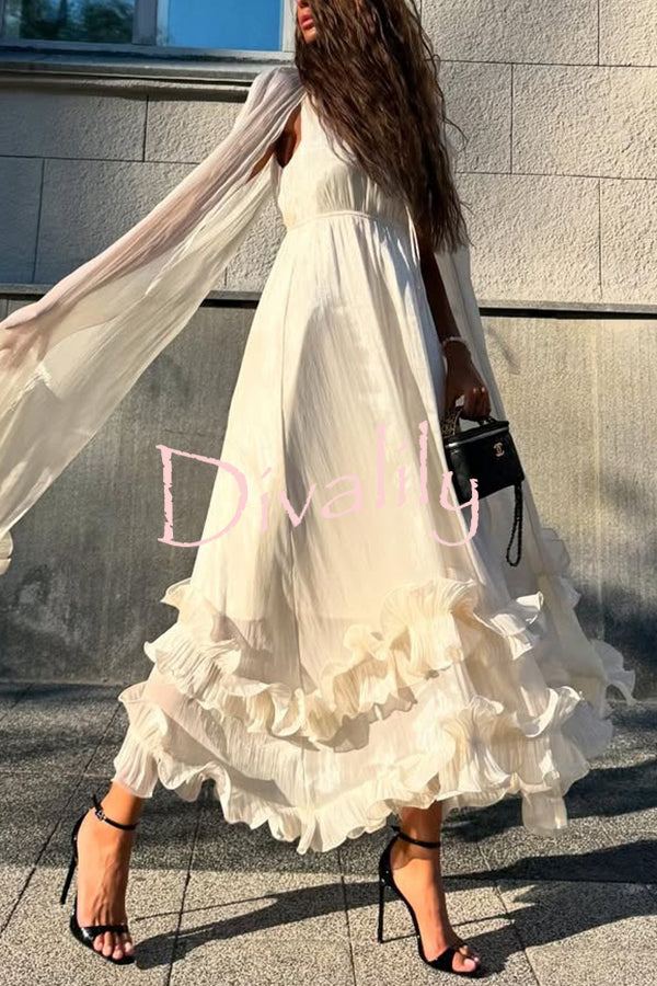 Fashionable V-neck Lace-up Ruffled Double-layer Hem Maxi Dress