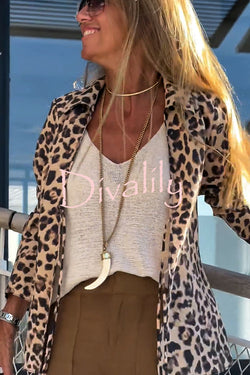 Edith Leopard Print Front Lace-up Long Sleeve Loose Blouse