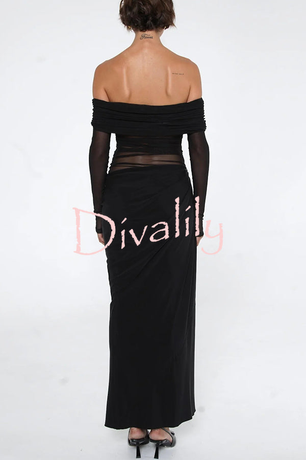 Exquisite Sexy Mesh Patchwork Off Shoulder Cutout Ruched Maxi Dress