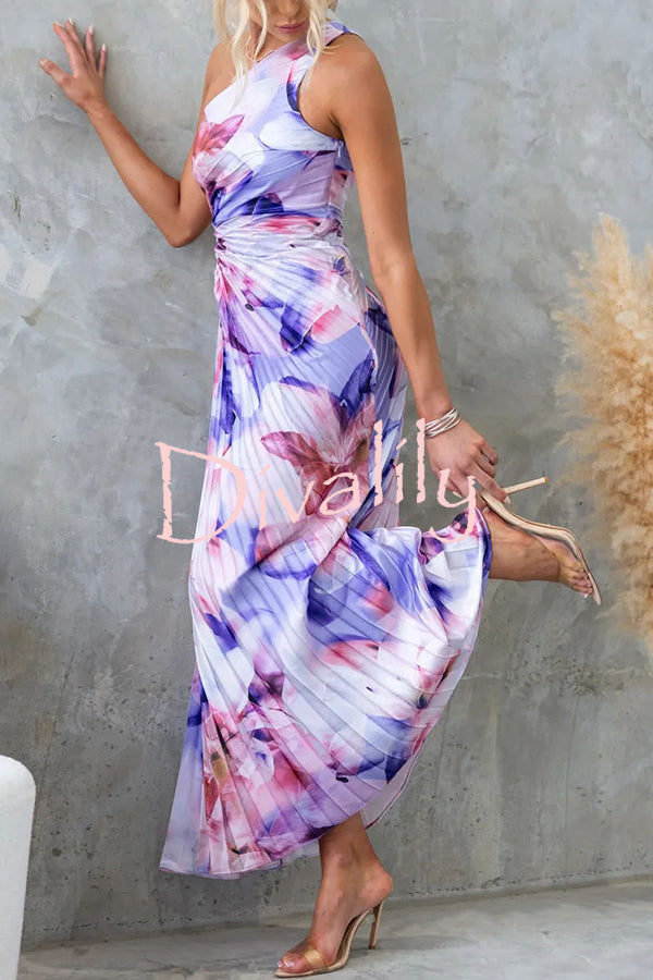 Laken Floral Print One Shoulder Adjustable Tie Cutout Pleated Maxi Dress