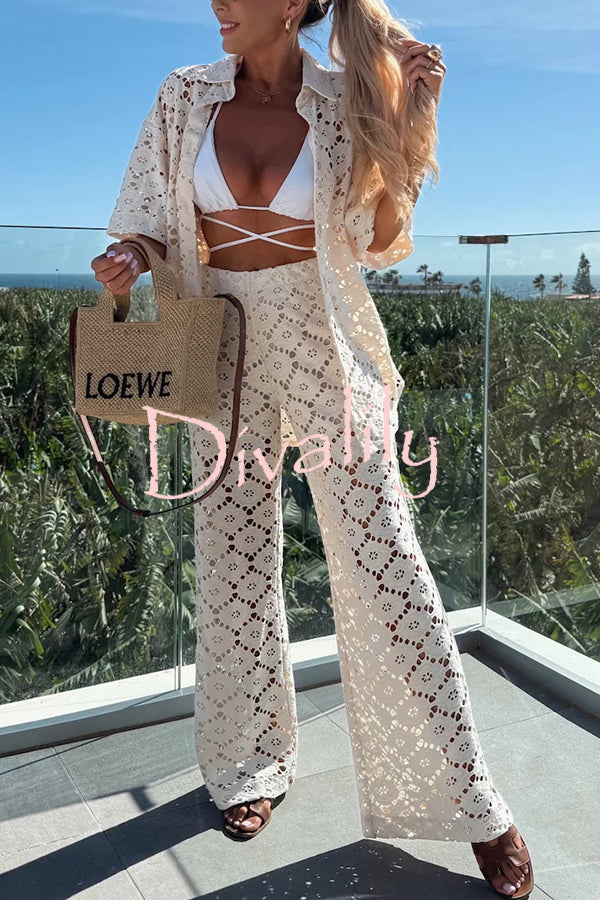 Holiday Crochet Flowers Lace Short Sleeve Shirt and Elastic Waist Wide Leg Pants Set