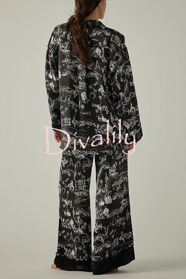 Unique Printed Lounge Long-sleeved Shirt and Elastic Waisted Baggy Pants Set