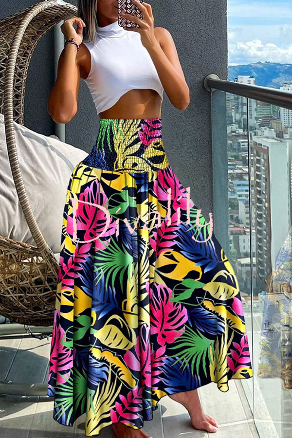 Unique Printed Pleated Elastic Waist Holiday Casual Maxi Skirt