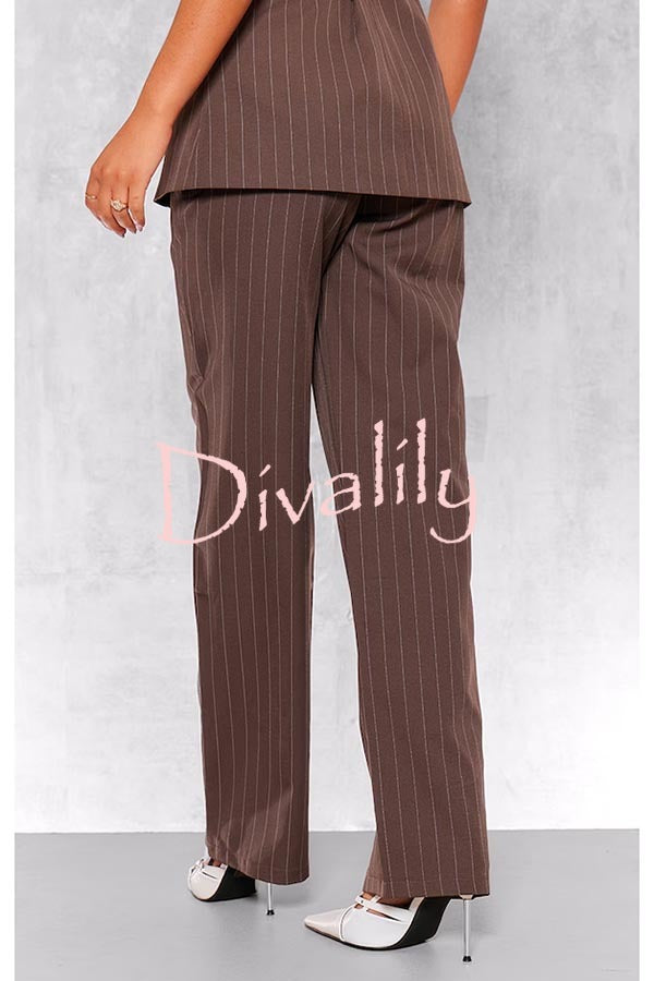 Goal Digger Striped Button Belted Lapel Vest and Pocketed Wide-leg Pants Set