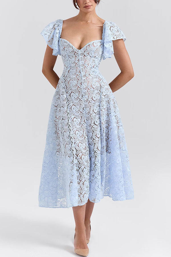 Romantic Atmosphere Bluebell Lace Butterfly Sleeve Sweetheart Neck Stretch Midi Dress