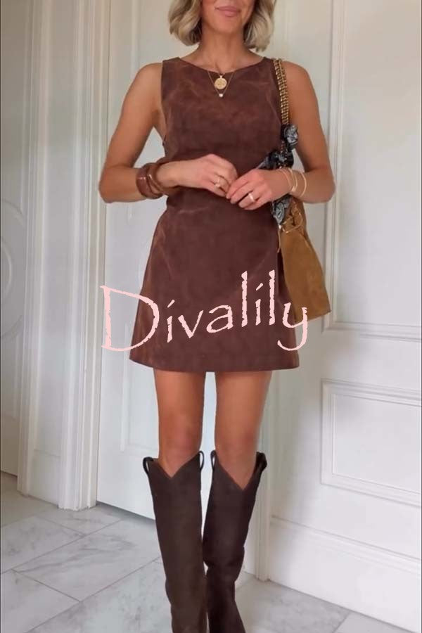 Atlas Faux Suede Open Back Button Accents Zipper Mini Dress