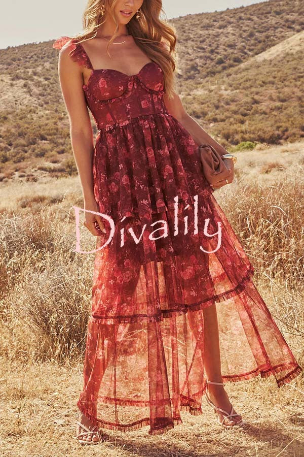Romantic and Elegant Mesh Floral Back Smocked Tiered Ruffle Maxi Dress