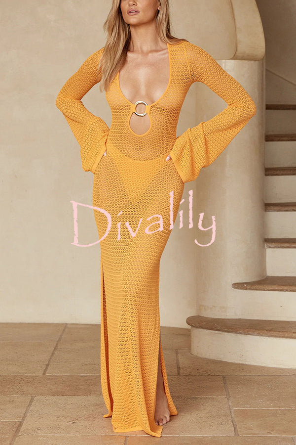 Seaside Goddess Crochet Knit Hollow Out Golden Ring Long Sleeve Cover-up Maxi Dress