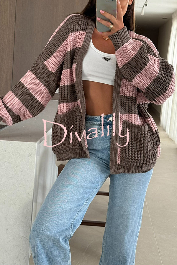 Fashionable Patchwork Striped Casual Pocket Knitted Sweater