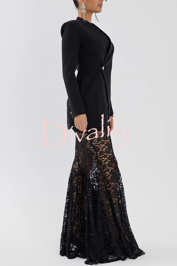 Poetic Muse Floral Lace High Rise Elastic Waist Fishtail Hem Maxi Skirt