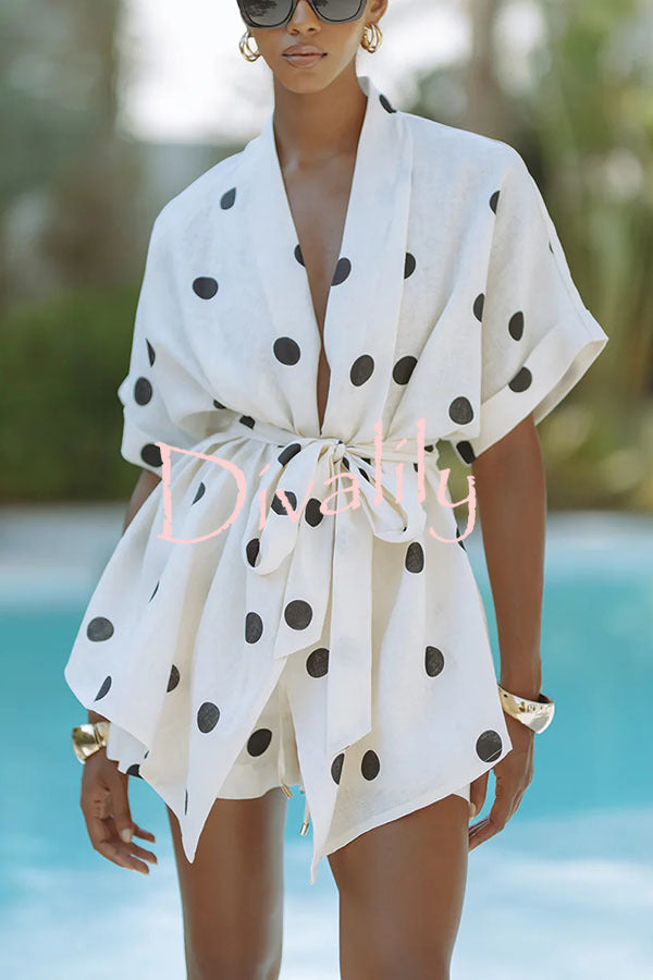 Playful Linen Blend Polka Dot Tie-up Kimono Top and Elastic Waist Pocket Shorts Set