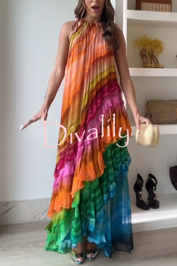 Rosha Georgette Crepe Tie-dye Print Layered Ruffles A-line Maxi Dress