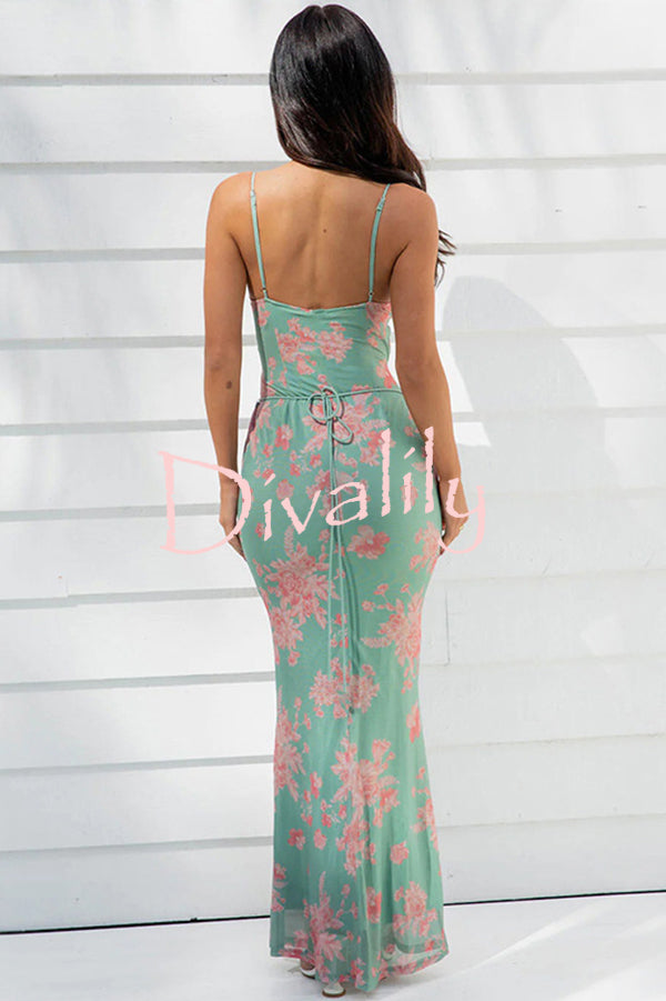 Sexy Slim-fitting Lace-up Printed Suspender Maxi Dress