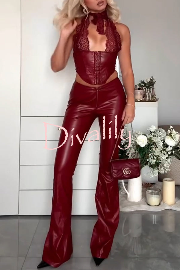 Style Challenge Stretch Faux Leather Lace Halter Tank and Zipper Waist Flare Pants Set