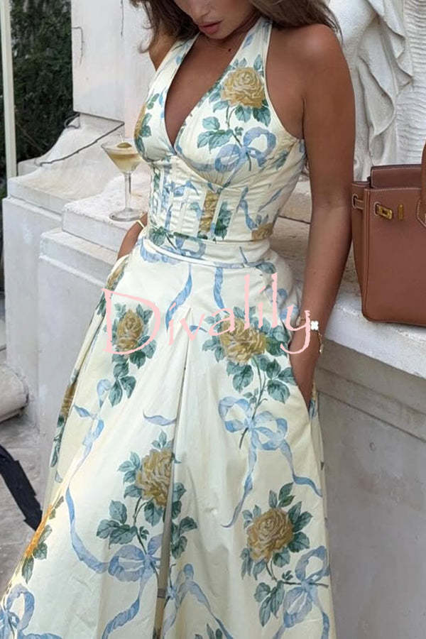 Resort Star Floral Print Waist Halterneck Tie Pocket Midi Dress