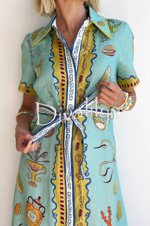 Deep Sea Dreaming Linen Blend Unique Print Short Sleeve Tie-up Shirt Maxi Dress